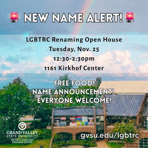 A photo of the LGBTRC from the outside with pride flags in the window and a rainbow in the sky